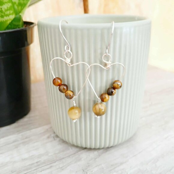 Tigers Eye Gemstone Heart Dangle Earrings, Crystal Jewelry, 2" - Picture 2 of 10